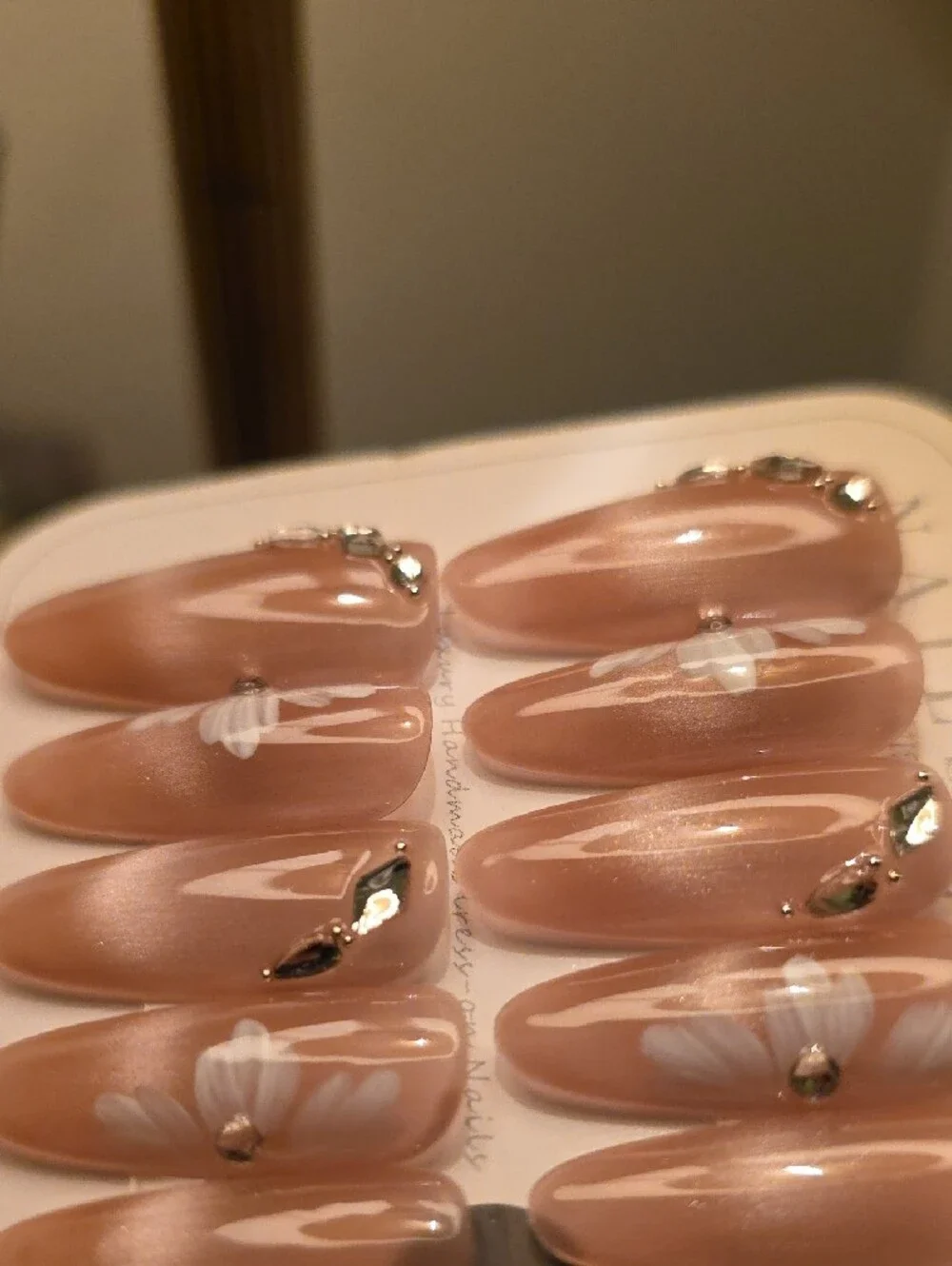 Nude Pink Daisy Press-On Nails with Rhinestone Accent Size Large